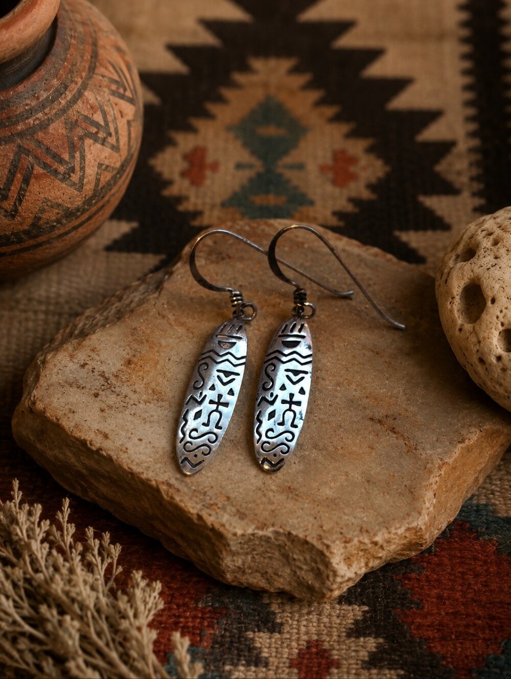 Vintage Southwestern Sterling Silver 925 Hand-Stamped Dangle Earrings